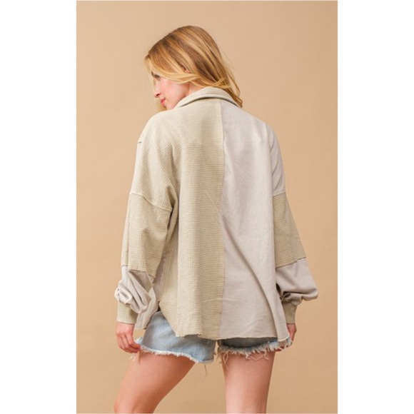 NEW Oversized Washed French Terry Waffle Mix Button Up Knit Shirt Jacket- Blue B - Picture 3 of 4